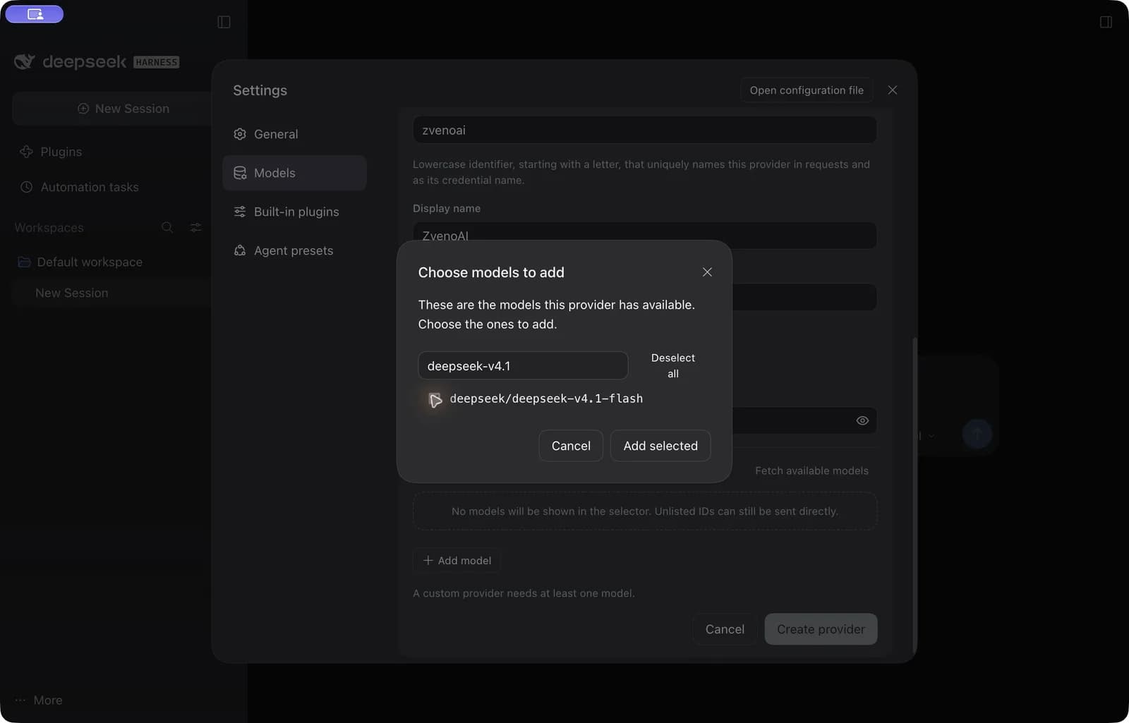 Выбор DeepSeek V4.1 Flash из каталога ZvenoAI