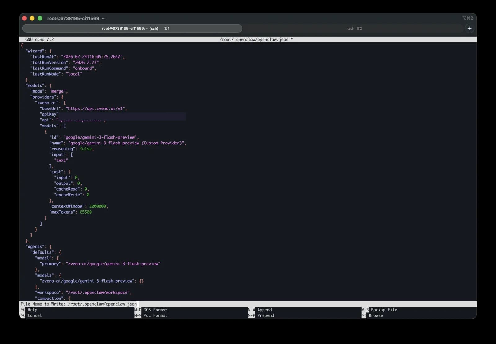 Конфиг openclaw.json в редакторе